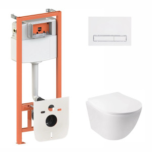 Набор инсталляционный Qtap: подвесной унитаз Jay + комплект установки Nest 4 в 1 линейная клавиша White