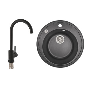Мийка для кухні врізна Lidz D510 + Змішувач для кухні Lidz Aria чорний