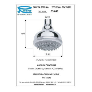 Лійка стельова для верхнього душу REMER 358 GR (4 режими). Photo 2